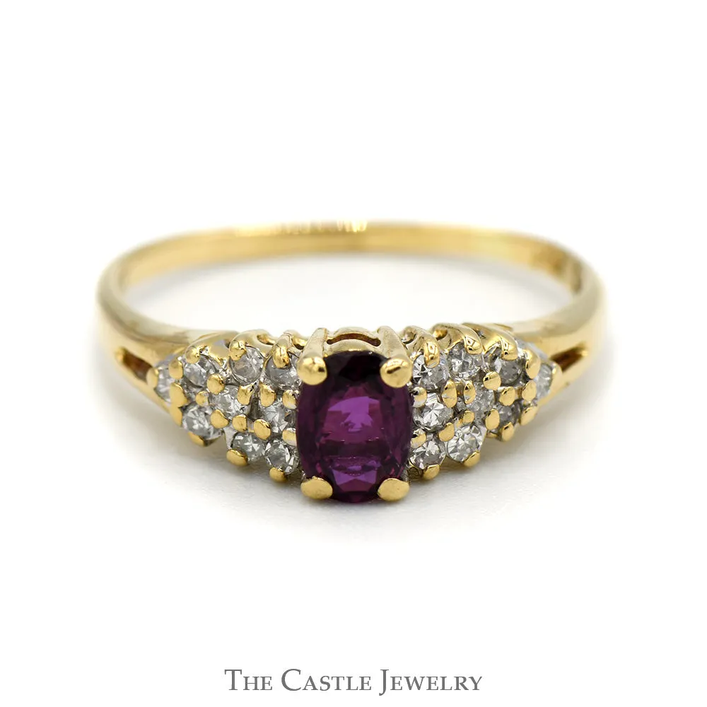 Oval Ruby Ring with Diamond Cluster Accents in 14k Yellow Gold