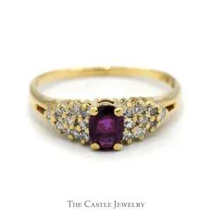 Oval Ruby Ring with Diamond Cluster Accents in 14k Yellow Gold