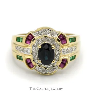 Oval Sapphire Ring with Diamond, Ruby and Emerald Accents in 14k Yellow Gold