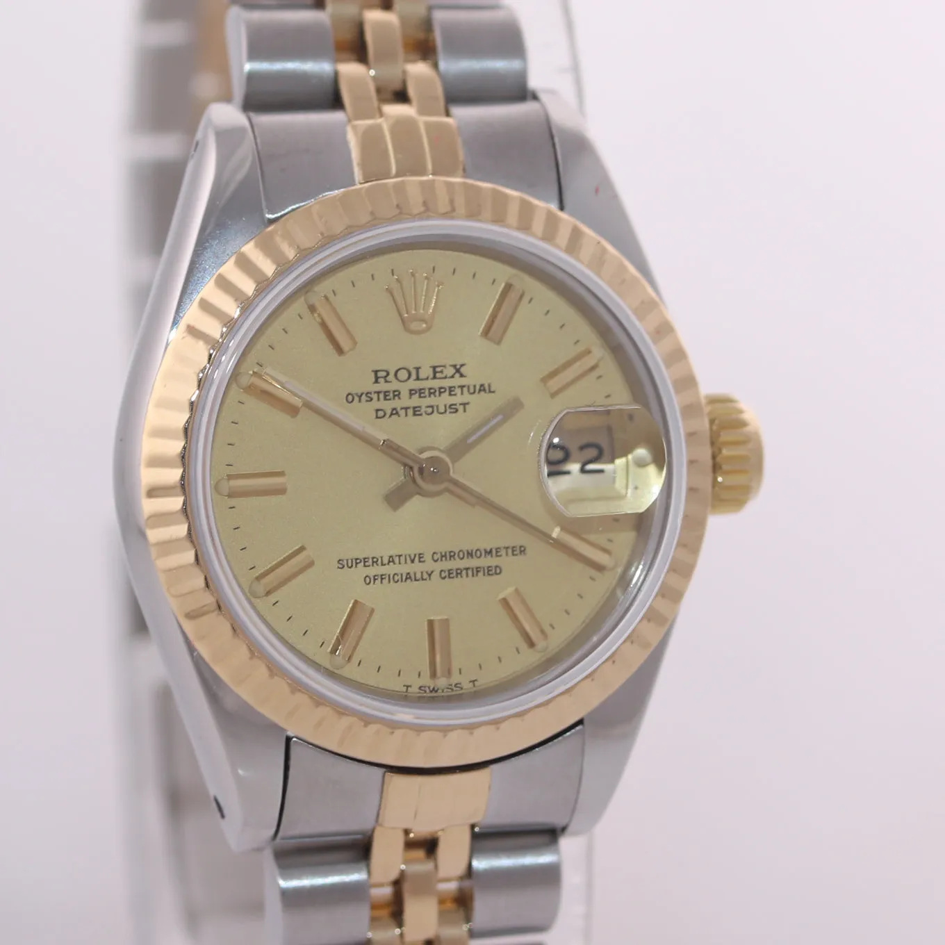 PAPERS Ladies Rolex 69173 Two Tone 18k Gold 26mm champagne Watch Box