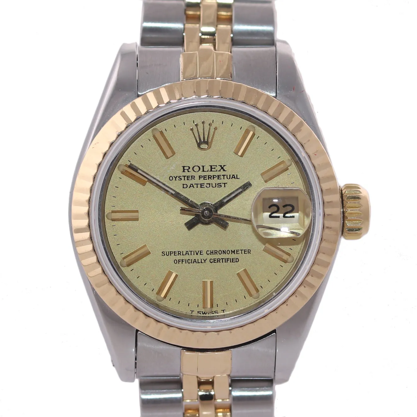 PAPERS Ladies Rolex 69173 Two Tone 18k Gold 26mm champagne Watch Box