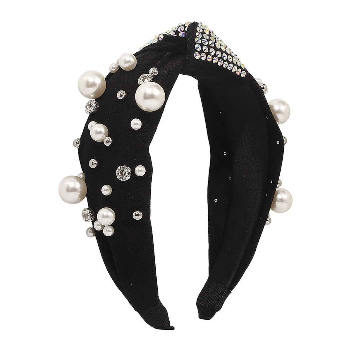 Pearl & Black Polyster Cubic Zirconia-Accent Knotted Headband