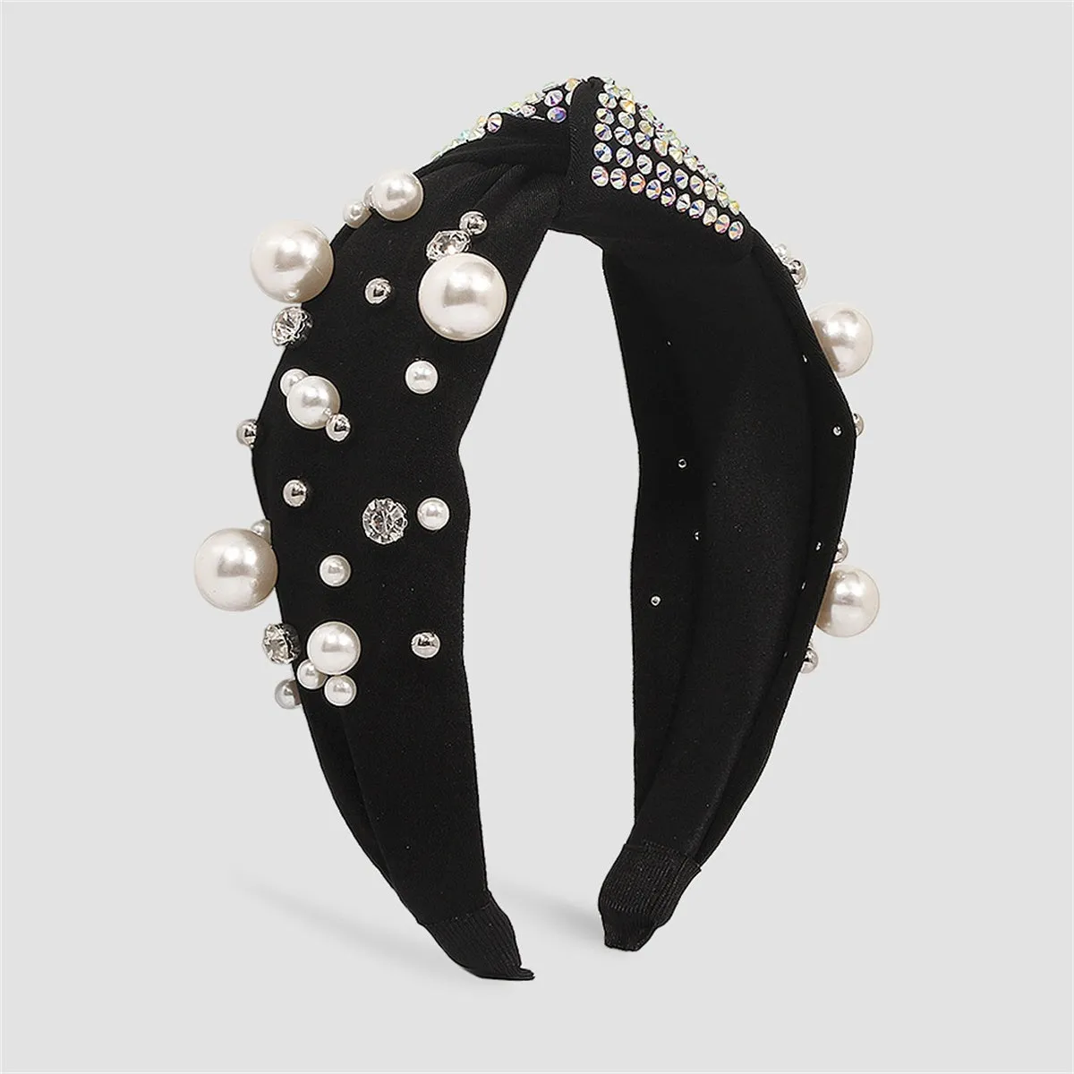 Pearl & Black Polyster Cubic Zirconia-Accent Knotted Headband