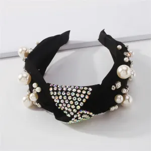 Pearl & Black Polyster Cubic Zirconia-Accent Knotted Headband