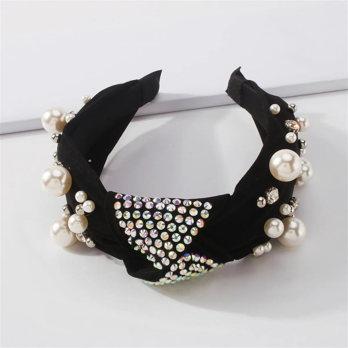 Pearl & Black Polyster Cubic Zirconia-Accent Knotted Headband