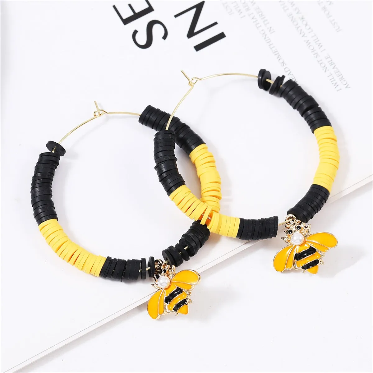 Pearl & Polymer Clay 18K Gold-Plated Bumblebee Beaded Hoop Earrings