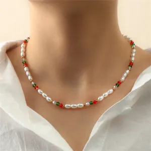 Pearl & Red Beaded Station Necklace