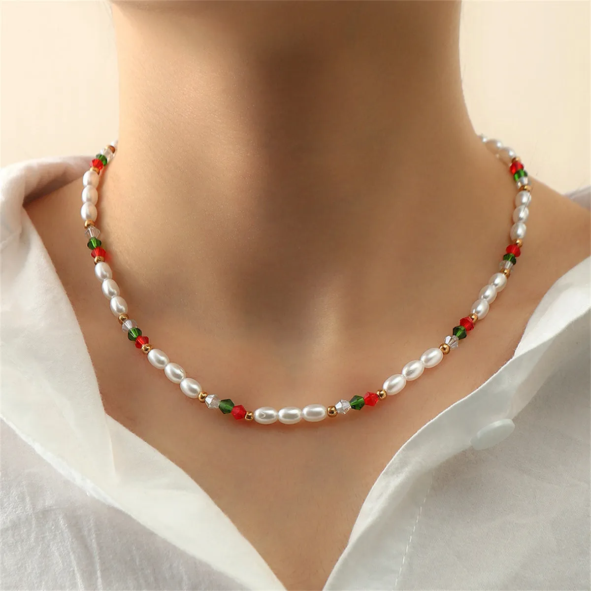 Pearl & Red Beaded Station Necklace