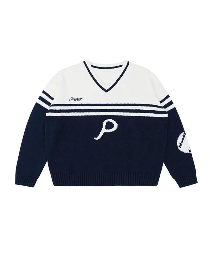 PIV'VEE  Baseball Sweater - Ocean Navy
