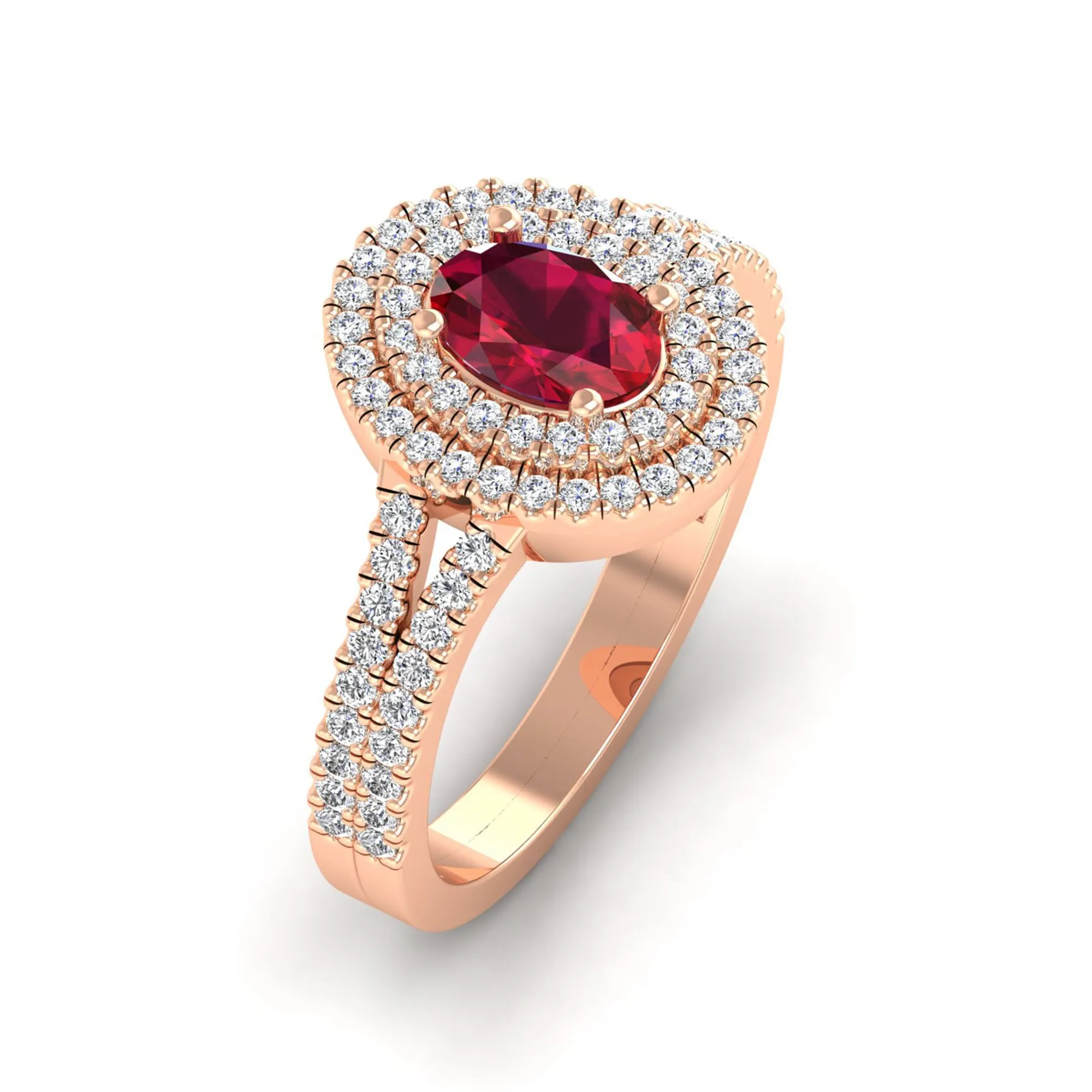 Prong-Set Double Halo Oval Ruby and Infinity Diamond Ring