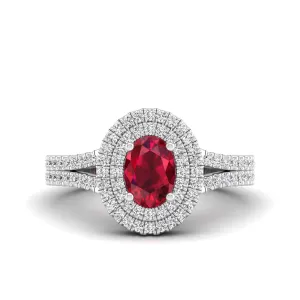 Prong-Set Double Halo Oval Ruby and Infinity Diamond Ring