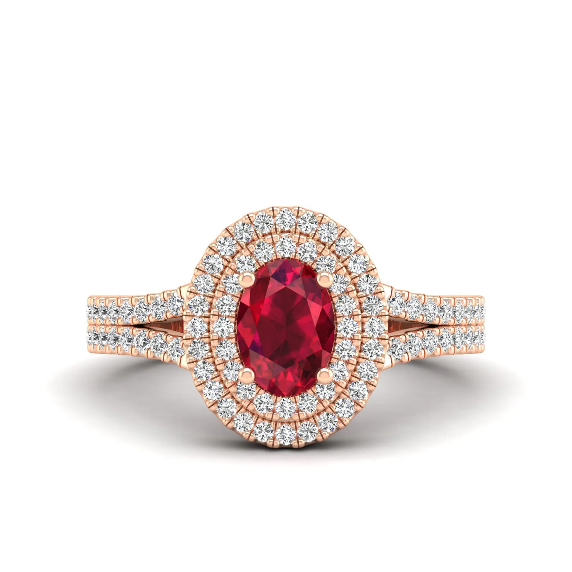 Prong-Set Double Halo Oval Ruby and Infinity Diamond Ring