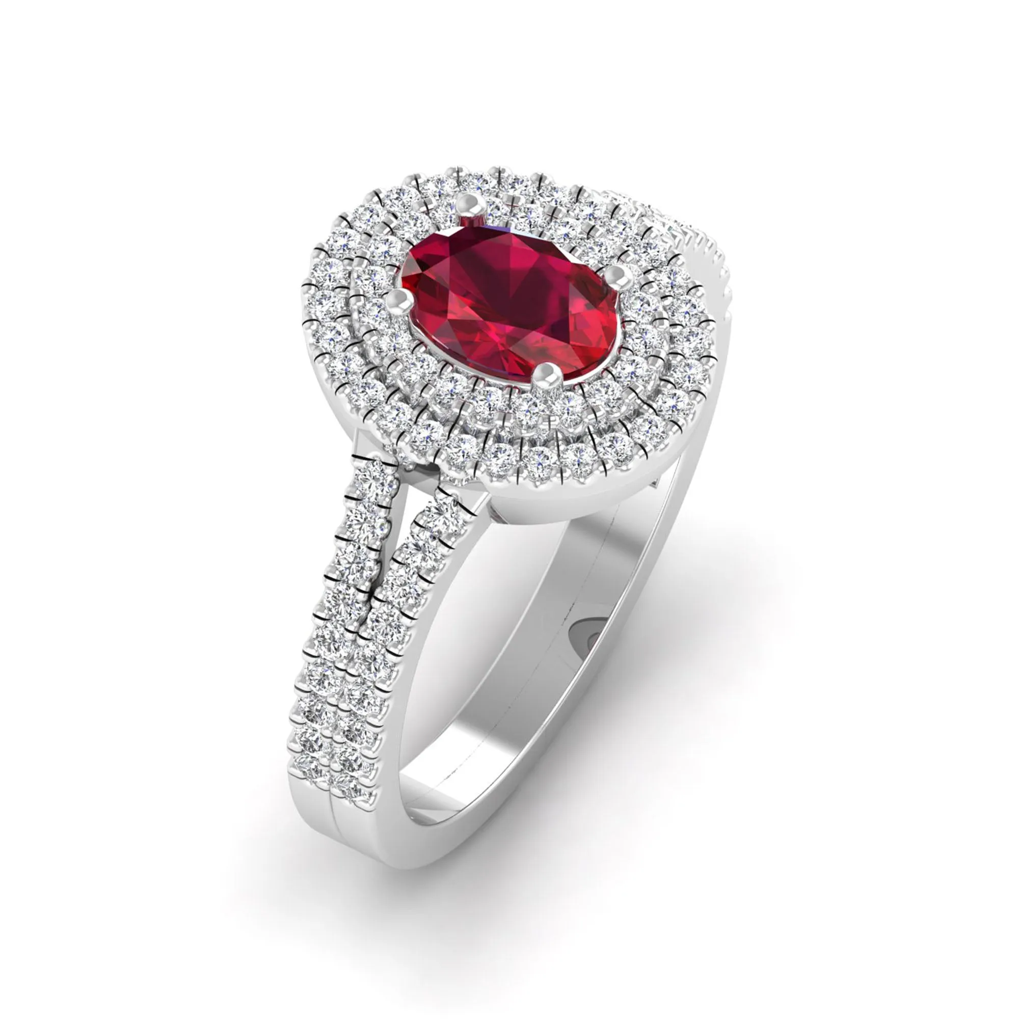 Prong-Set Double Halo Oval Ruby and Infinity Diamond Ring
