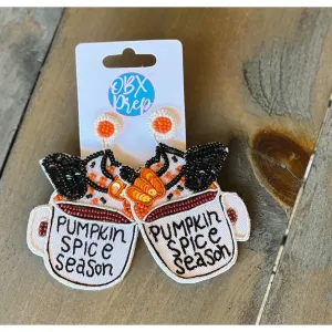 Pumpkin Spice Latte Mug Seed Beaded Dangle Earrings.