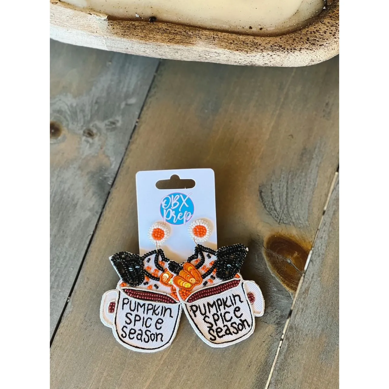 Pumpkin Spice Latte Mug Seed Beaded Dangle Earrings.