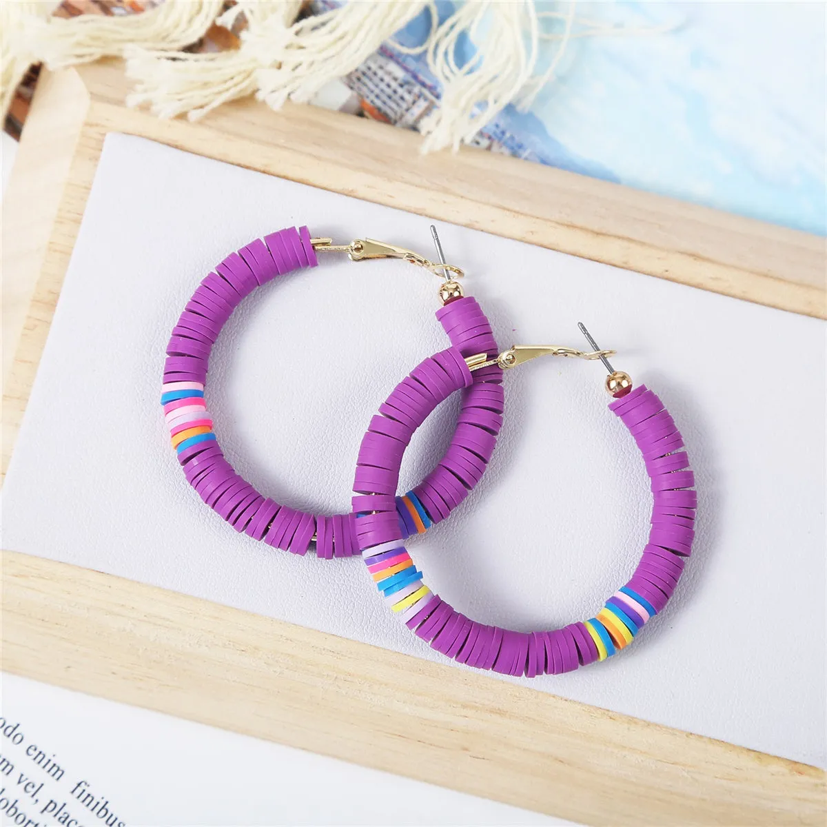 Purple Polymer Clay & 18K Gold-Plated Beaded Hoop Earrings