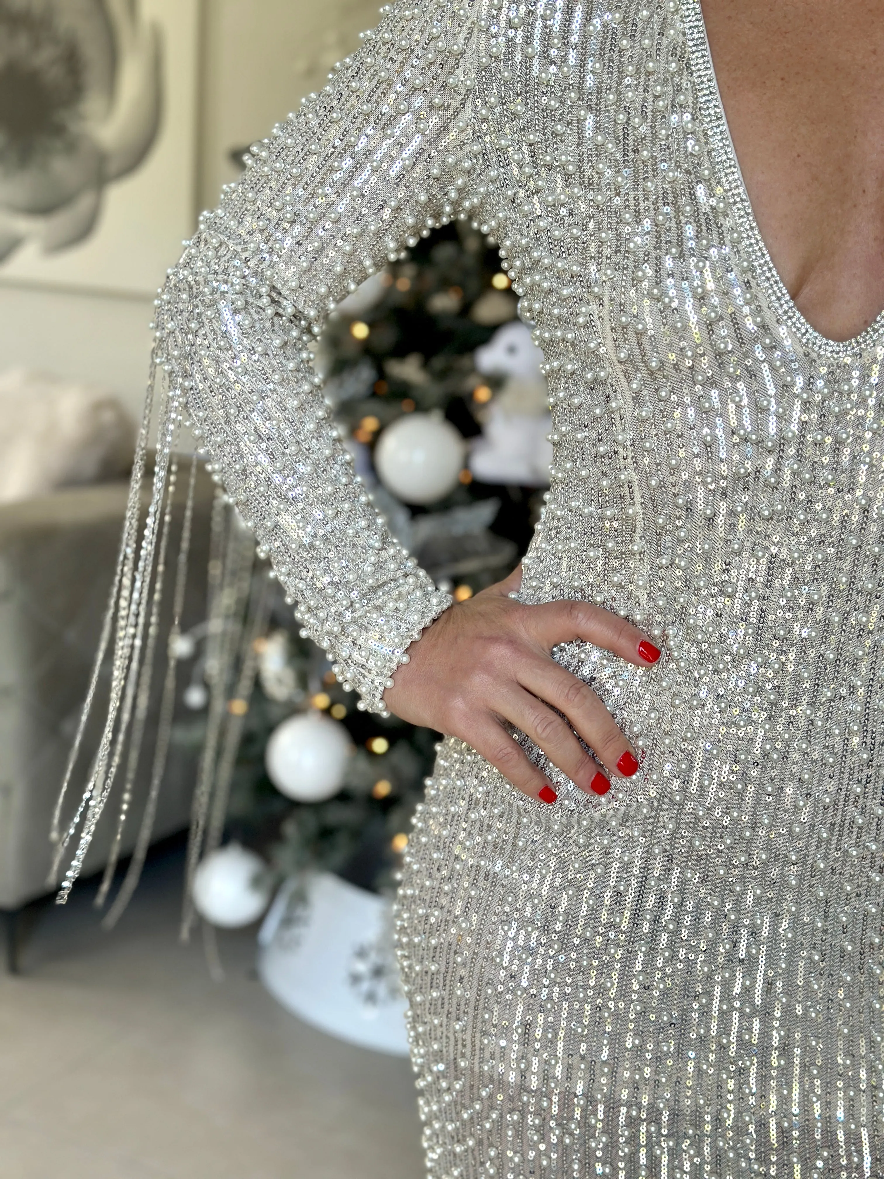 "Gina" Long Sleeve Beaded Mini Dress