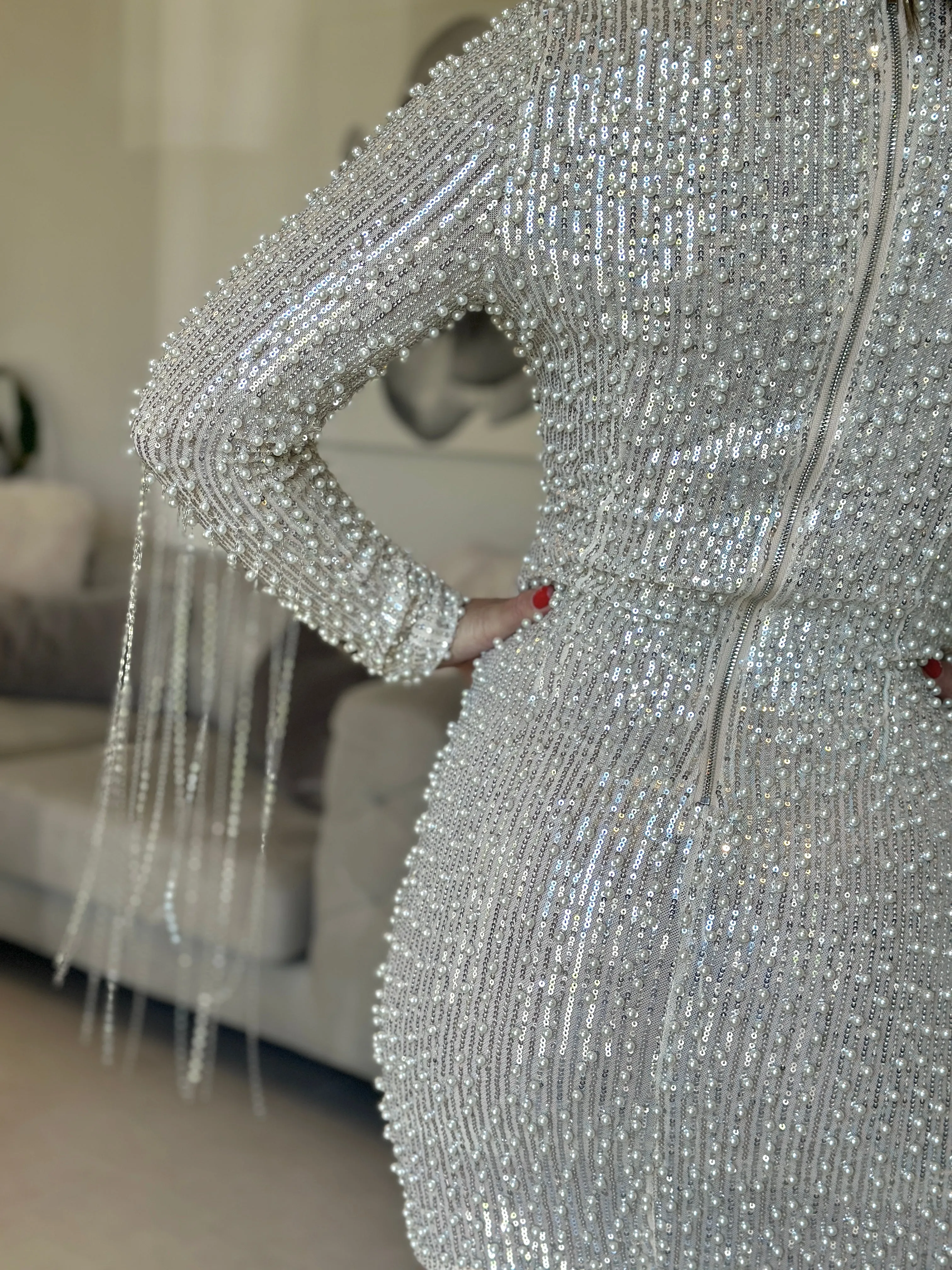 "Gina" Long Sleeve Beaded Mini Dress