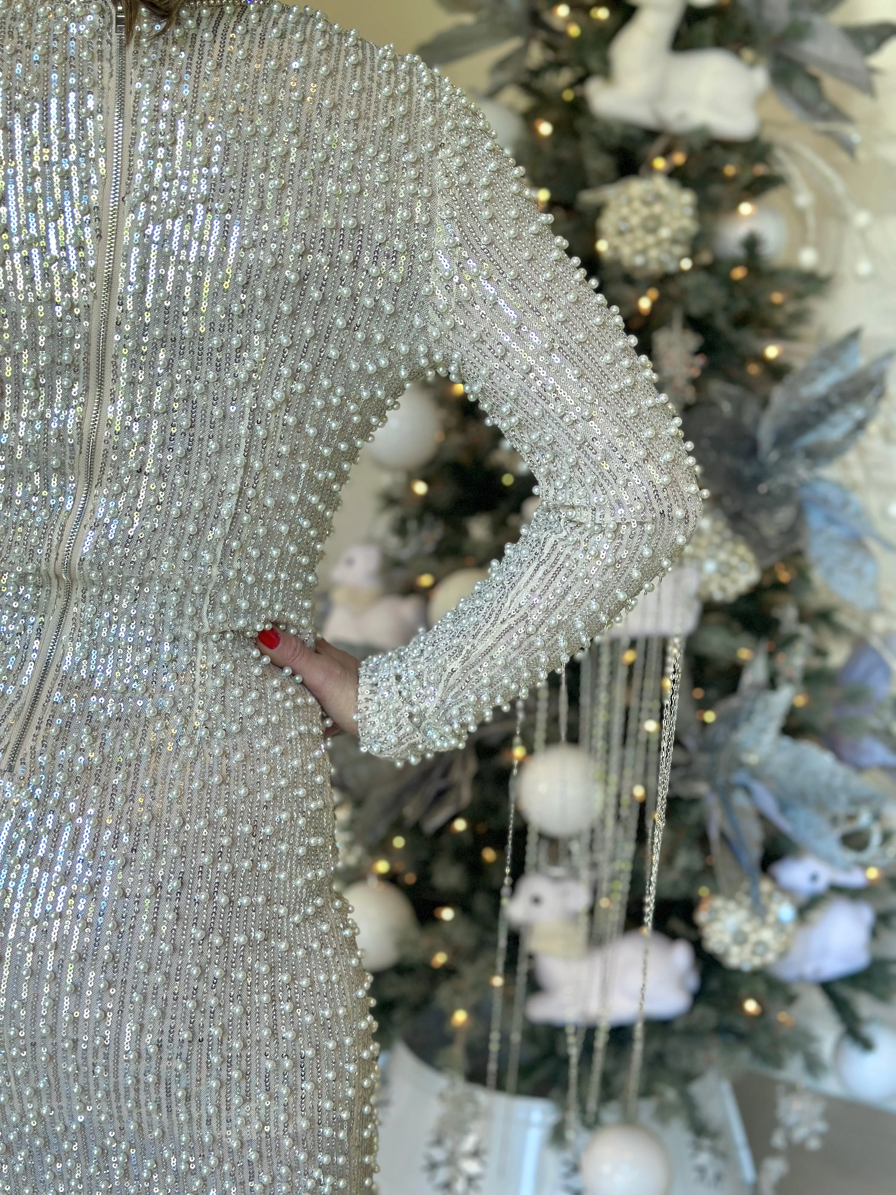 "Gina" Long Sleeve Beaded Mini Dress