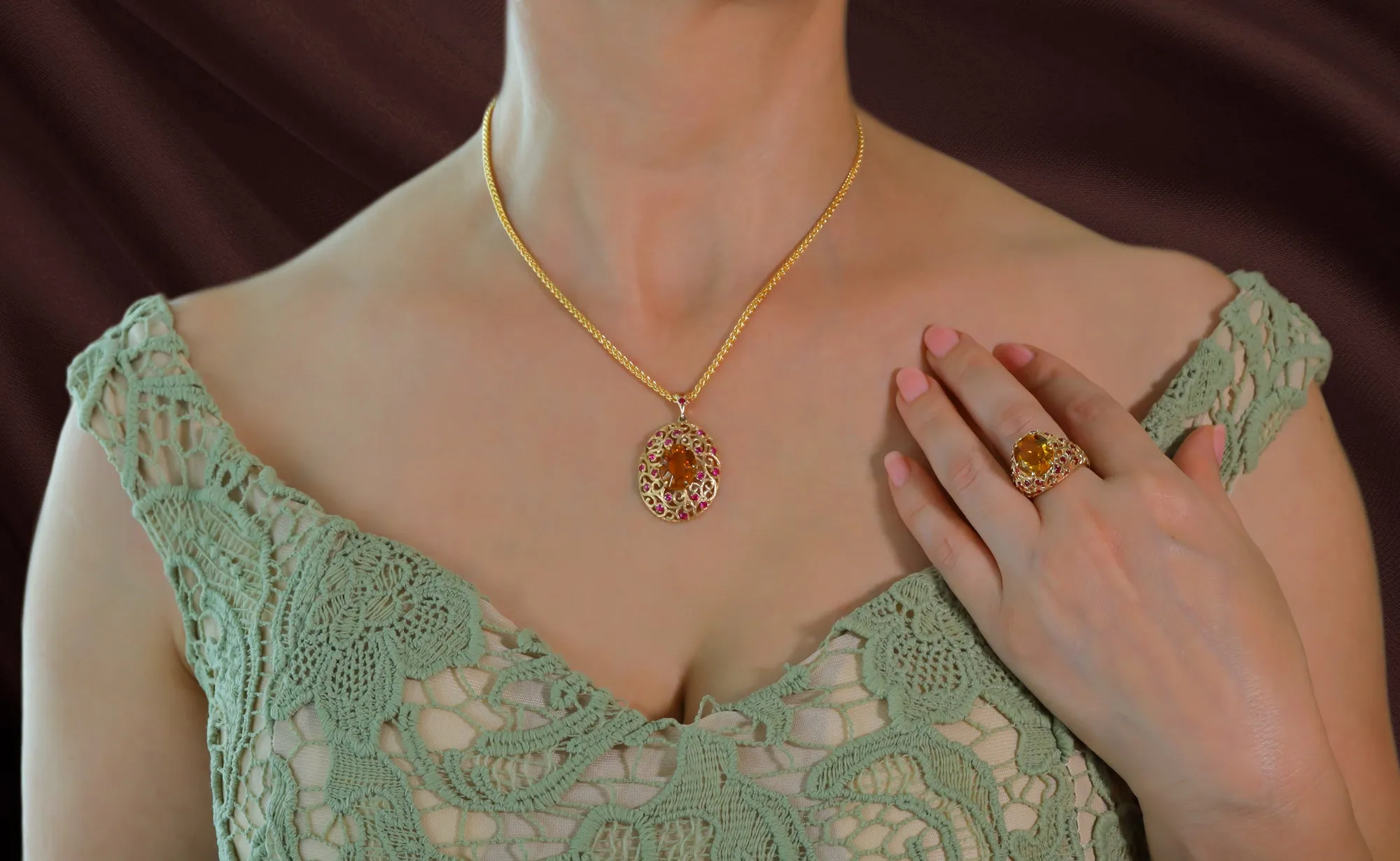 "Opera" Citrine Ring with Rubies in Yellow Gold