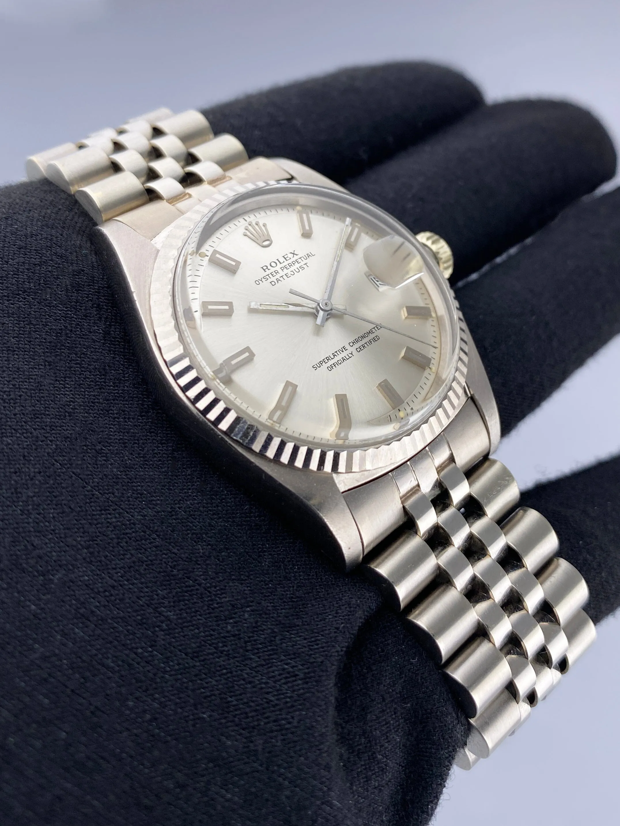 Rare Rolex Datejust 1601 Silver Prototype Dial 18K White Gold Mens Watch