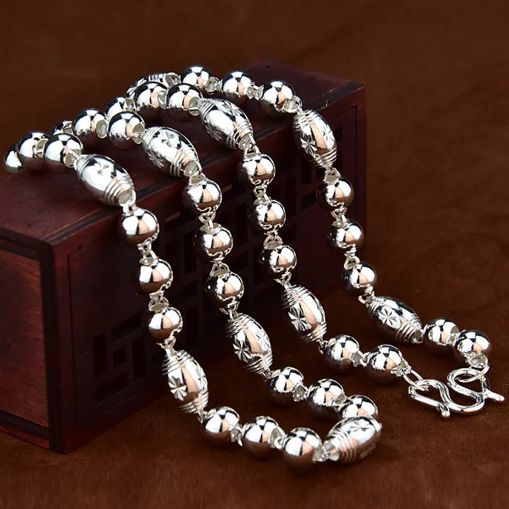Real Solid 999 Sterling Silver Necklace Beaded Beautiful Fashion Jewelry Unisex 18"-26"