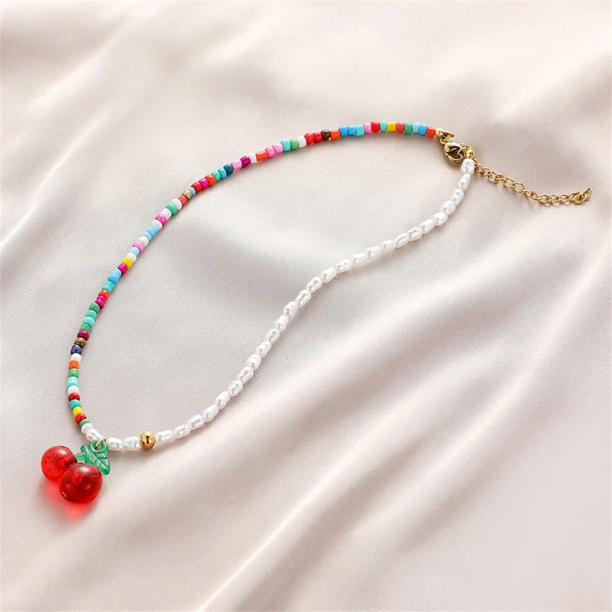 Red Acrylic & Howlite Pearl Cherry Beaded Pendant Necklace