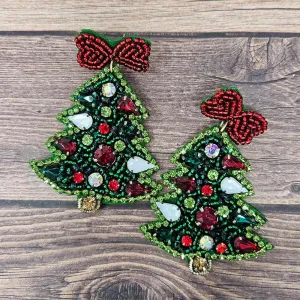 Red Bow Beaded Christmas Tree Earrings