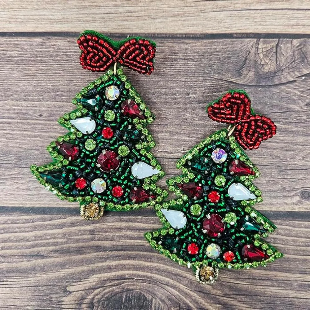 Red Bow Beaded Christmas Tree Earrings