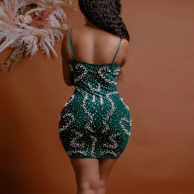 Rhinestone Beaded Feather Design Spaghetti Strap Bodycon Dress