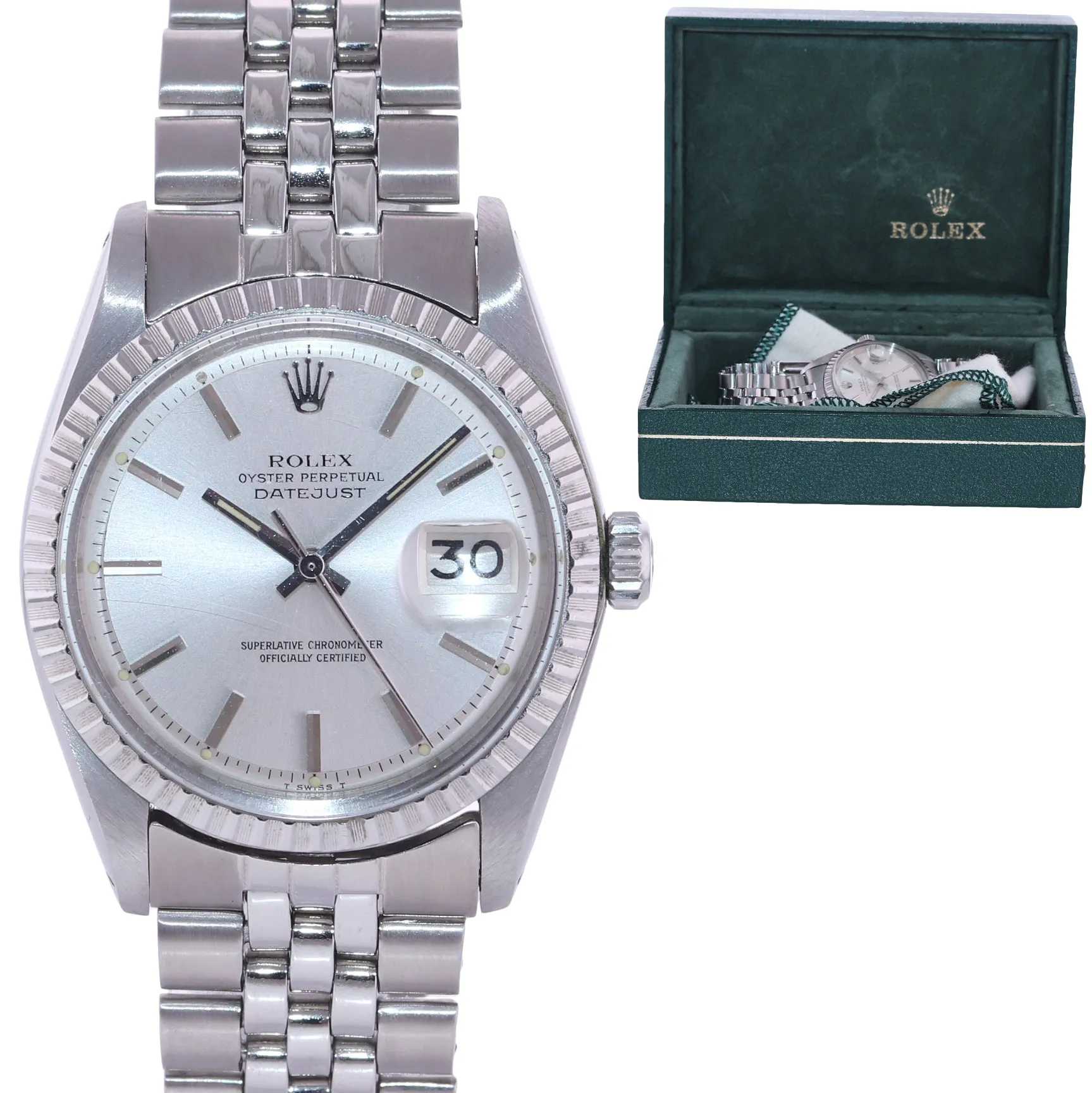 Rolex DateJust 1603 Steel Silver Jubilee Band Date Fluted 36mm Watch Box