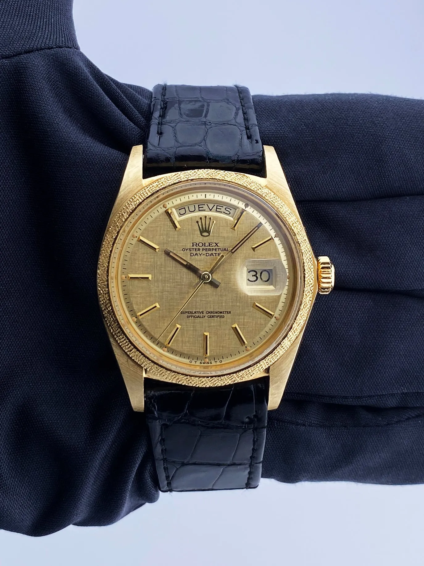 Rolex Day Date 1803 Linen Dial 18K Yellow Gold Mens Watch New Old Stock
