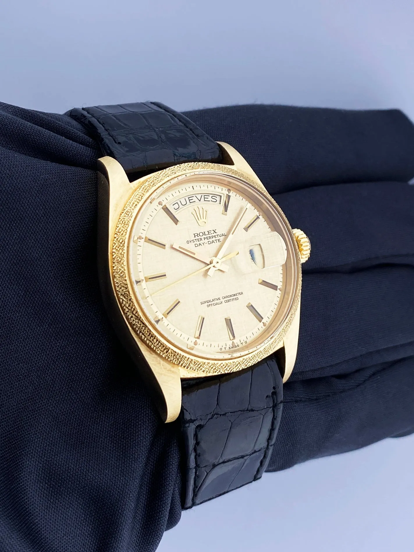 Rolex Day Date 1803 Linen Dial 18K Yellow Gold Mens Watch New Old Stock