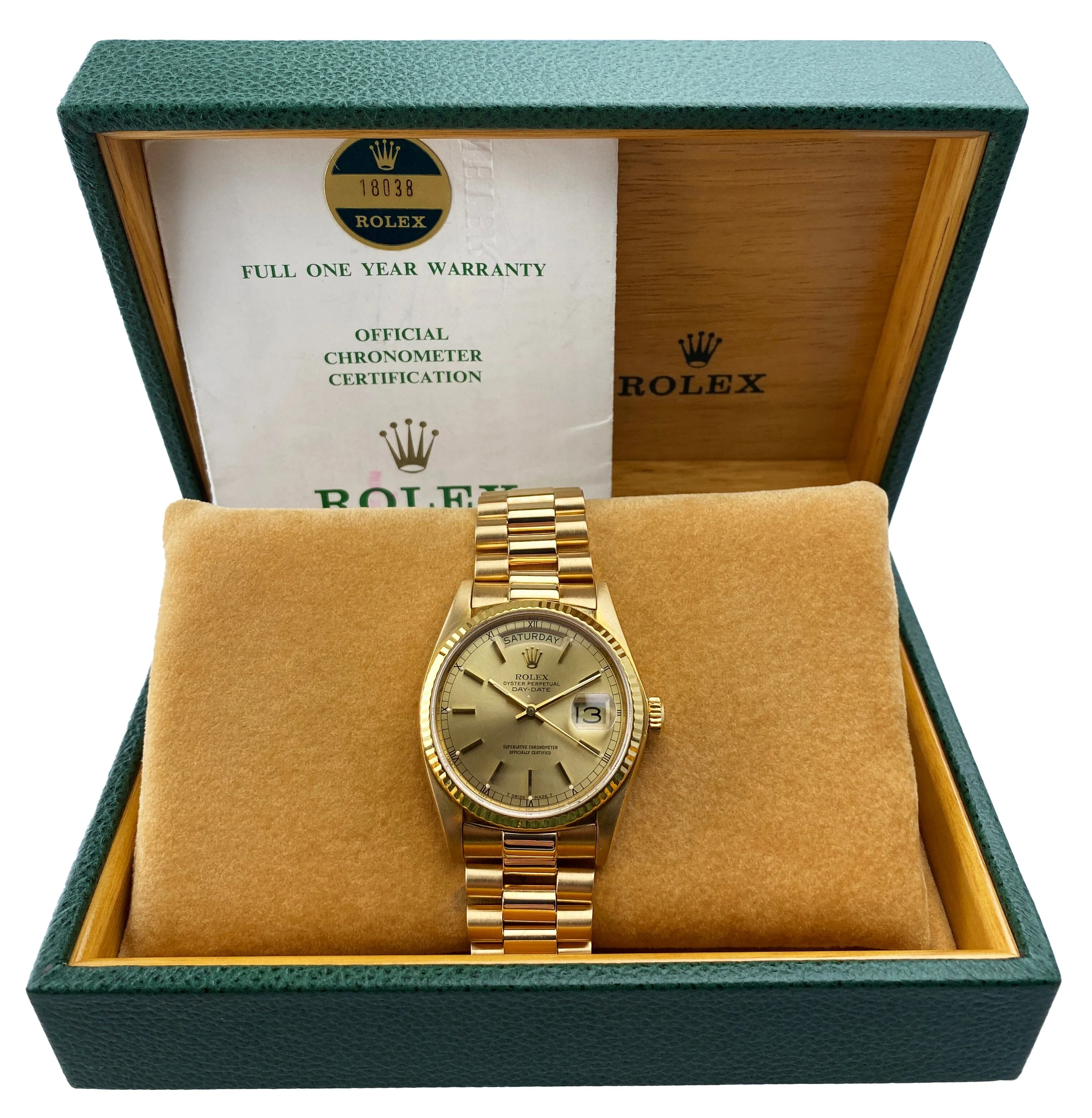 Rolex Day Date 18038 President 18K Yellow Gold Mens Watch Box Papers