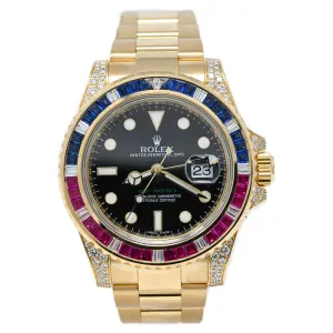 Rolex Men's GMT - Master II Yellow Gold 40mm Black Dot Dial Watch Reference #: 116758SARU