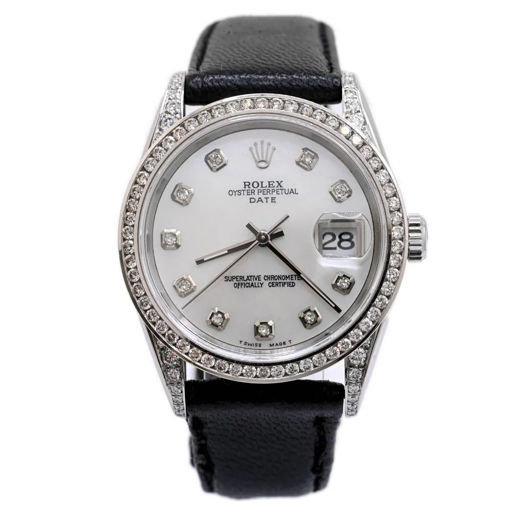Rolex Oyster Perpetual Date Stainless Steel 34mm White MOP Diamond Dial Watch Reference #: 15200