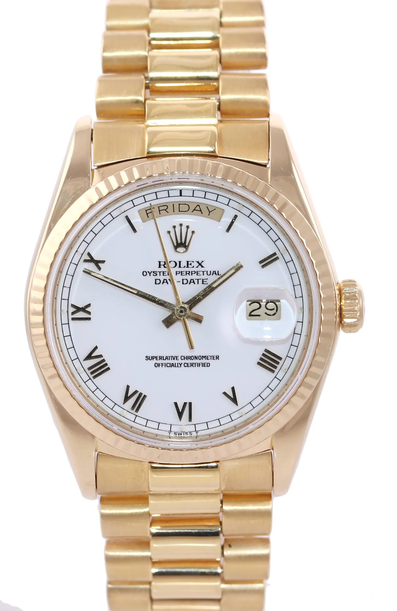 Rolex President Day Date 36mm 18038 18k Yellow Gold White Roman Quickset Watch