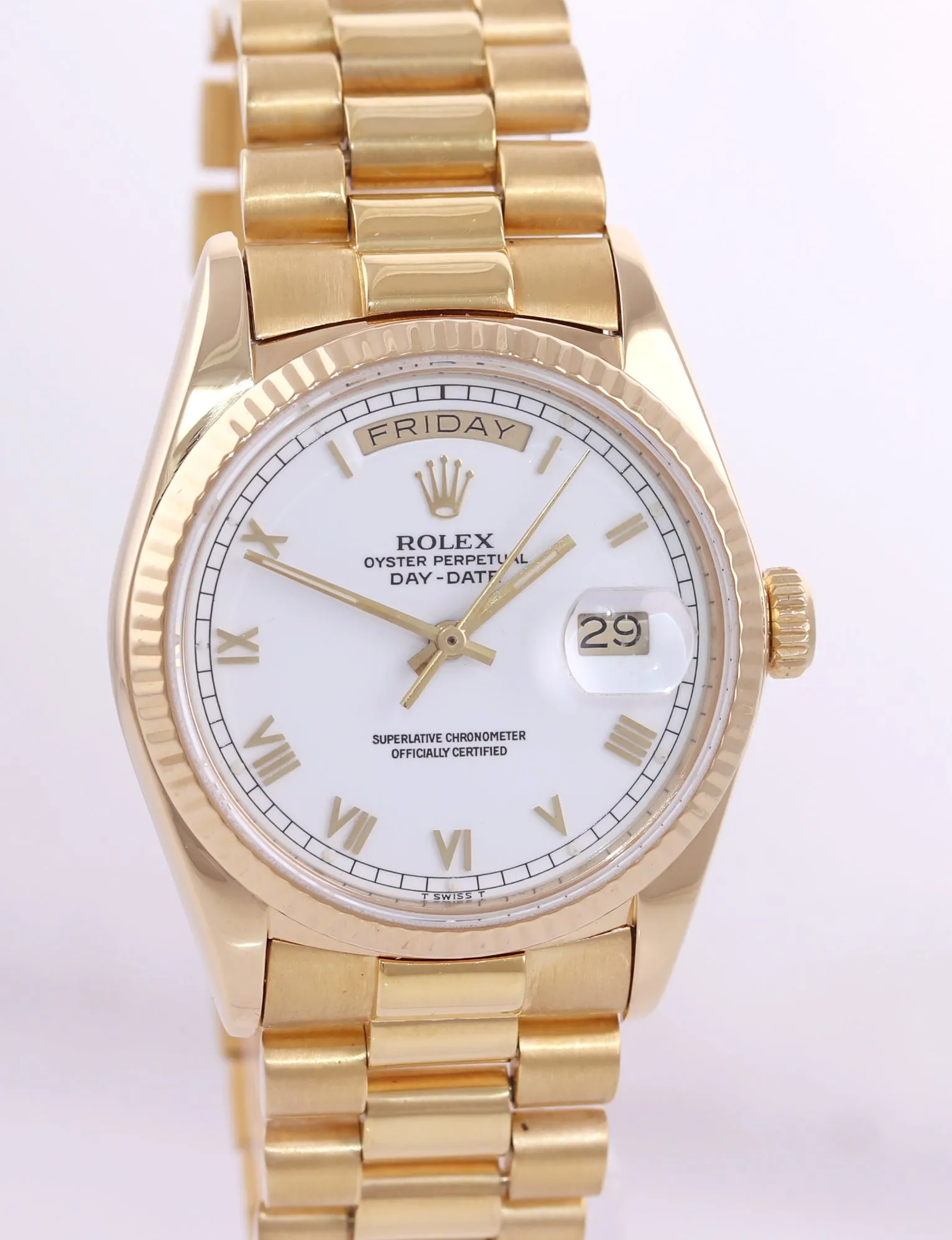 Rolex President Day Date 36mm 18038 18k Yellow Gold White Roman Quickset Watch