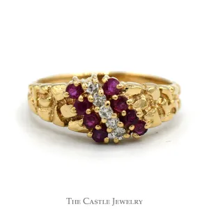 Round Ruby & Diamond Cluster Ring with Nugget Style Mounting in 14k Yellow Gold