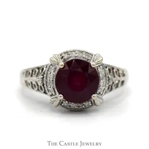 Round Ruby Ring with Diamond Bezel and Scrollwork Sides in 10k White Gold