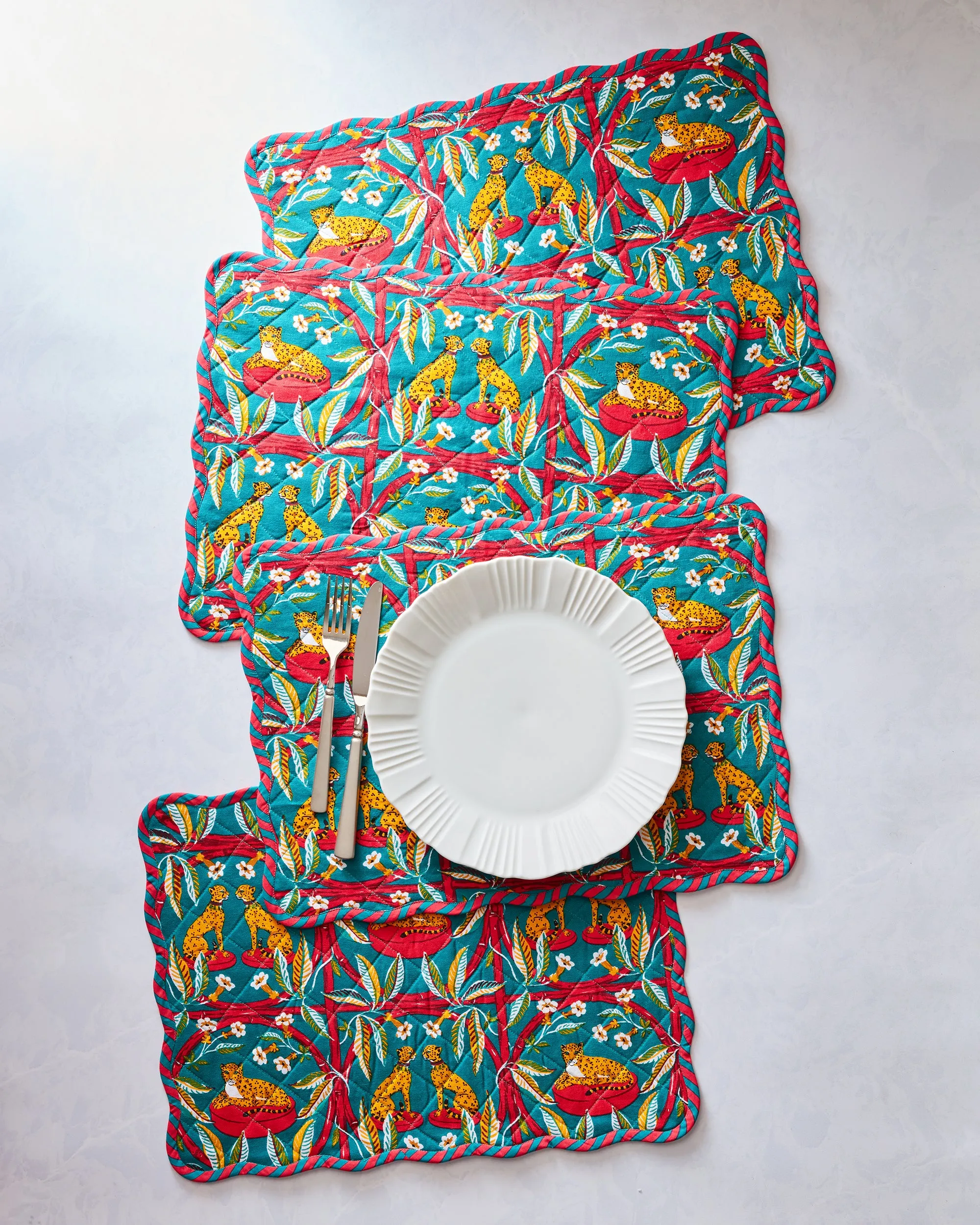 Royal Cheetah - Quilted Scalloped Placemat Set - Ruby & Jade