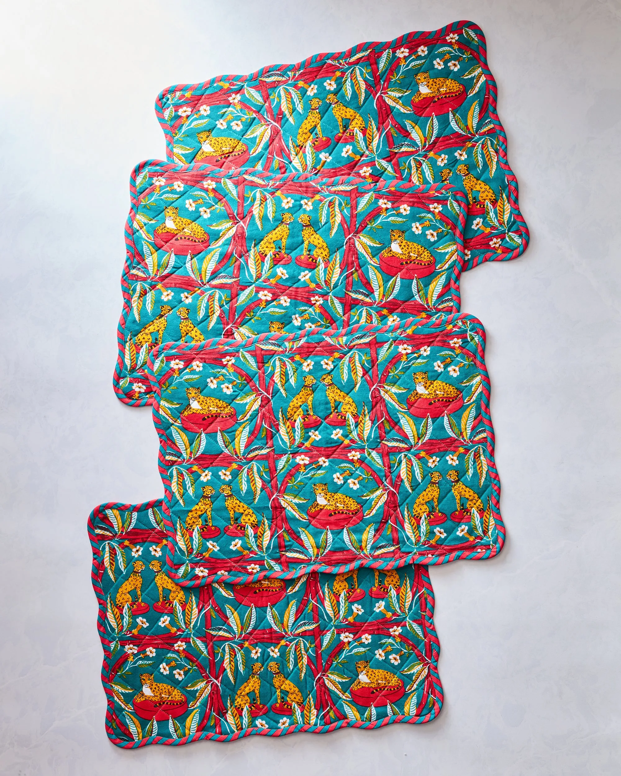 Royal Cheetah - Quilted Scalloped Placemat Set - Ruby & Jade
