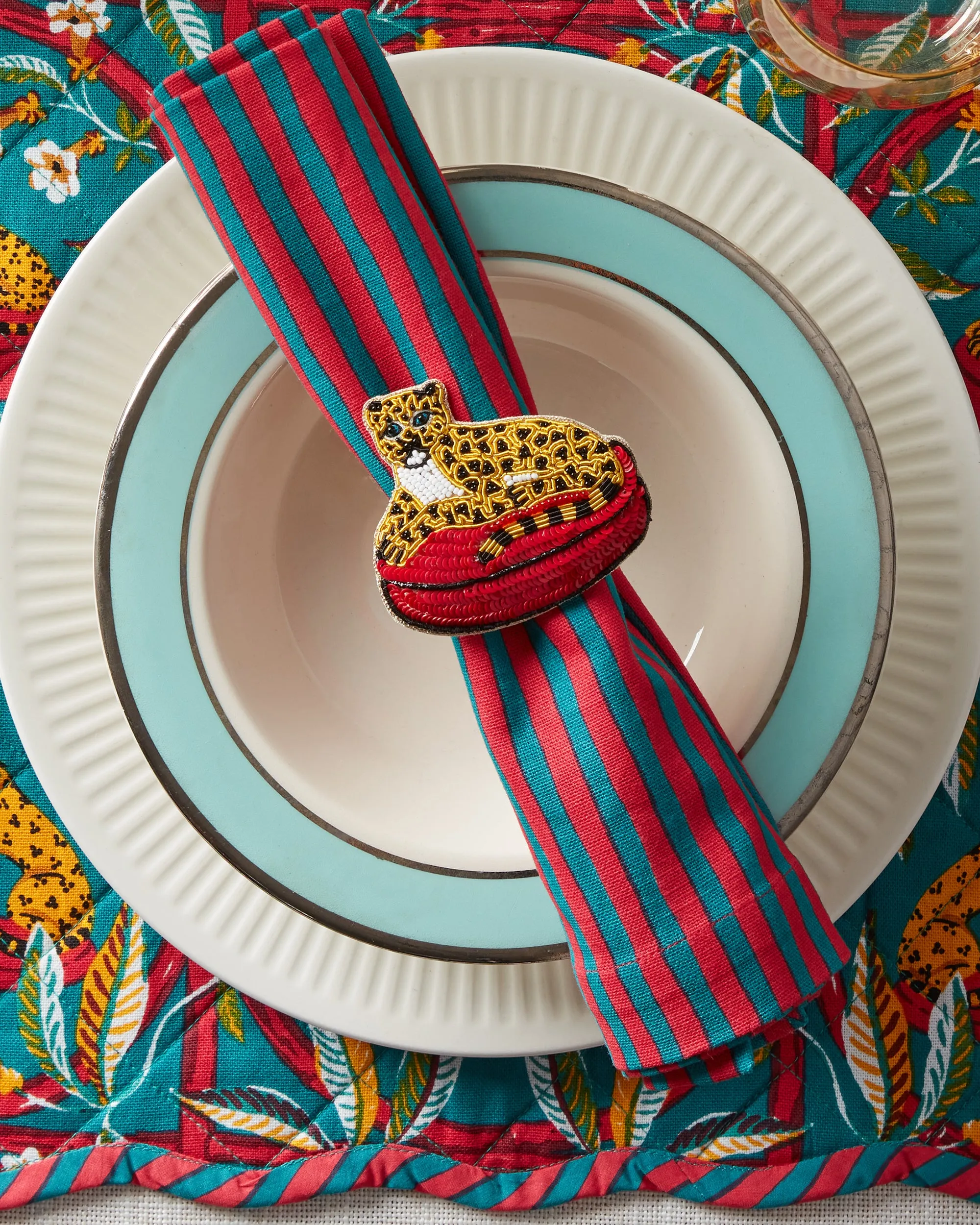 Royal Cheetah - Quilted Scalloped Placemat Set - Ruby & Jade
