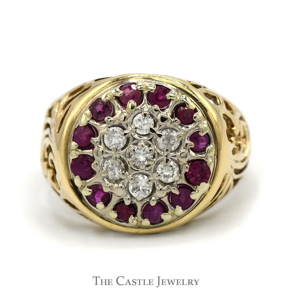 Ruby & Diamond Kentucky Cluster Ring with Filigree Sides in 10k Yellow Gold