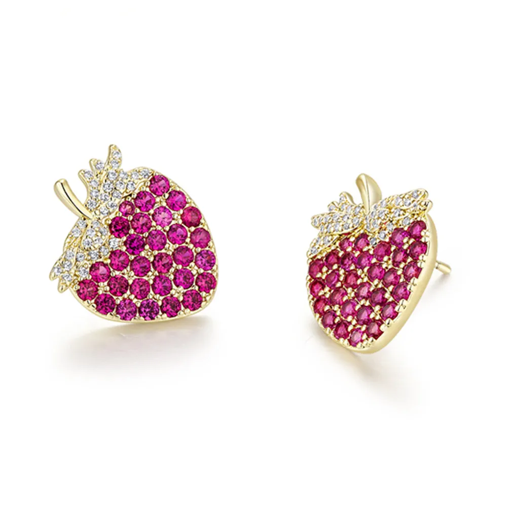 Ruby and Diamond Cute Strawberry Stud Earrings