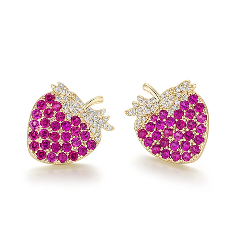 Ruby and Diamond Cute Strawberry Stud Earrings