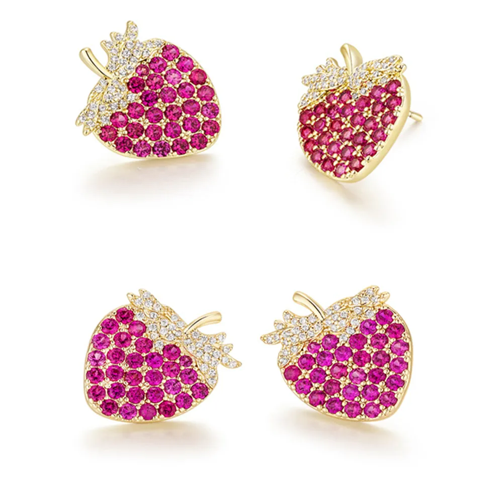 Ruby and Diamond Cute Strawberry Stud Earrings