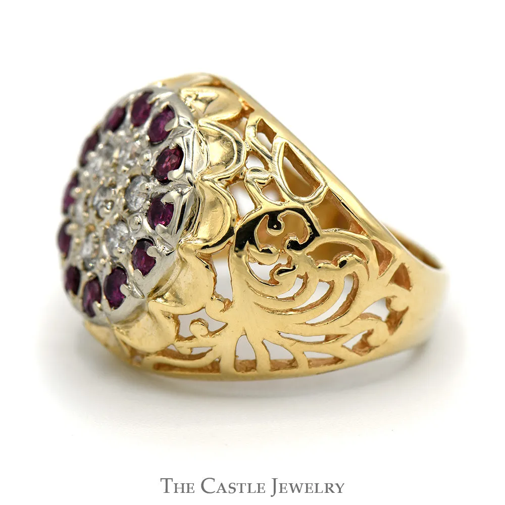 Ruby and Diamond Kentucky Cluster Ring with Open Filigree Sides in 10k Yellow Gold