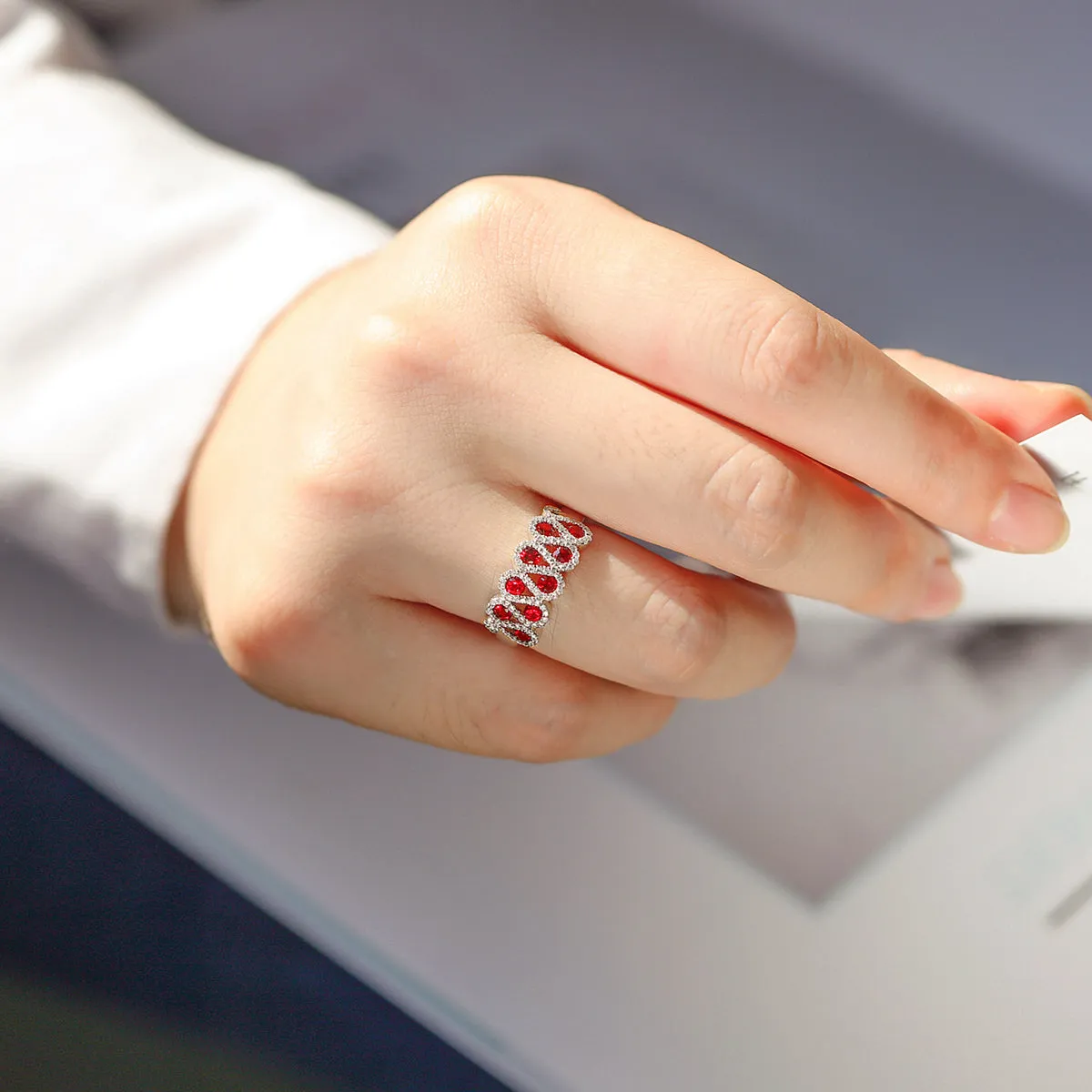 Ruby and Diamond Pave Wave Style Ring