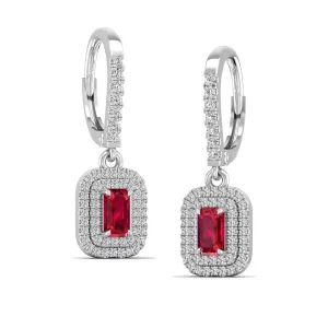 Ruby and Double Halo Diamond Drop Earrings